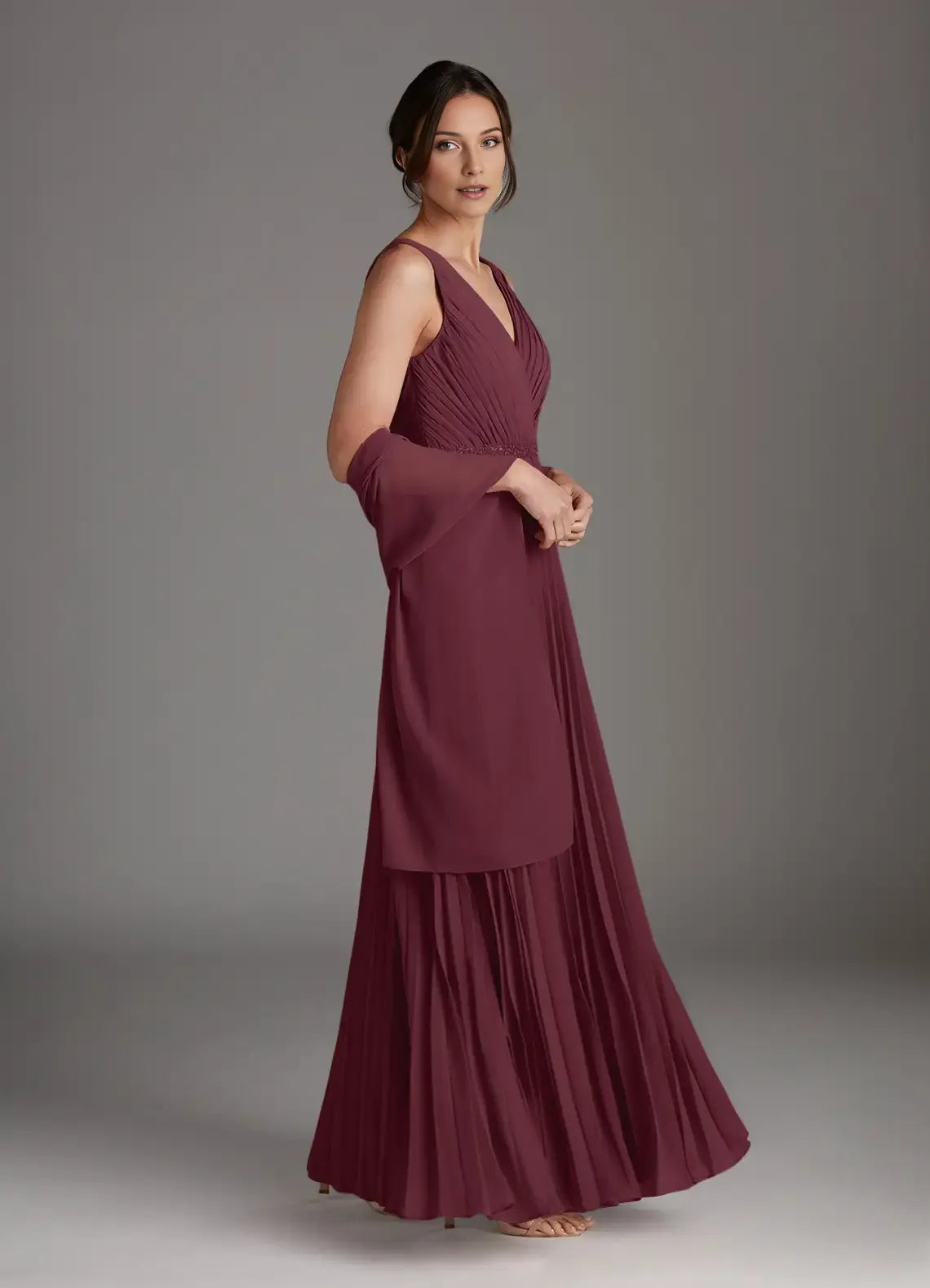 Cabernet A-Line Mother of the Bride Dresses Sequins with Sleeveless V - Neck Pleated Skirt and Matching Shawl