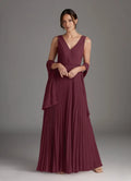 Cabernet A-Line Mother of the Bride Dresses Sequins with Sleeveless V - Neck Pleated Skirt and Matching Shawl