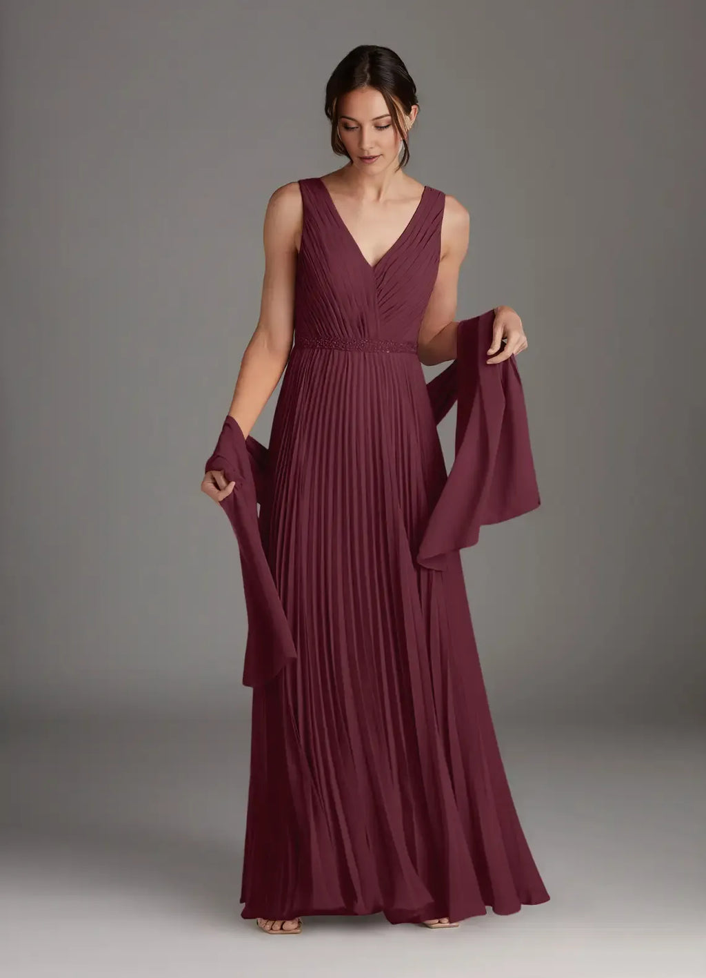 Cabernet A-Line Mother of the Bride Dresses Sequins with Sleeveless V - Neck Pleated Skirt and Matching Shawl