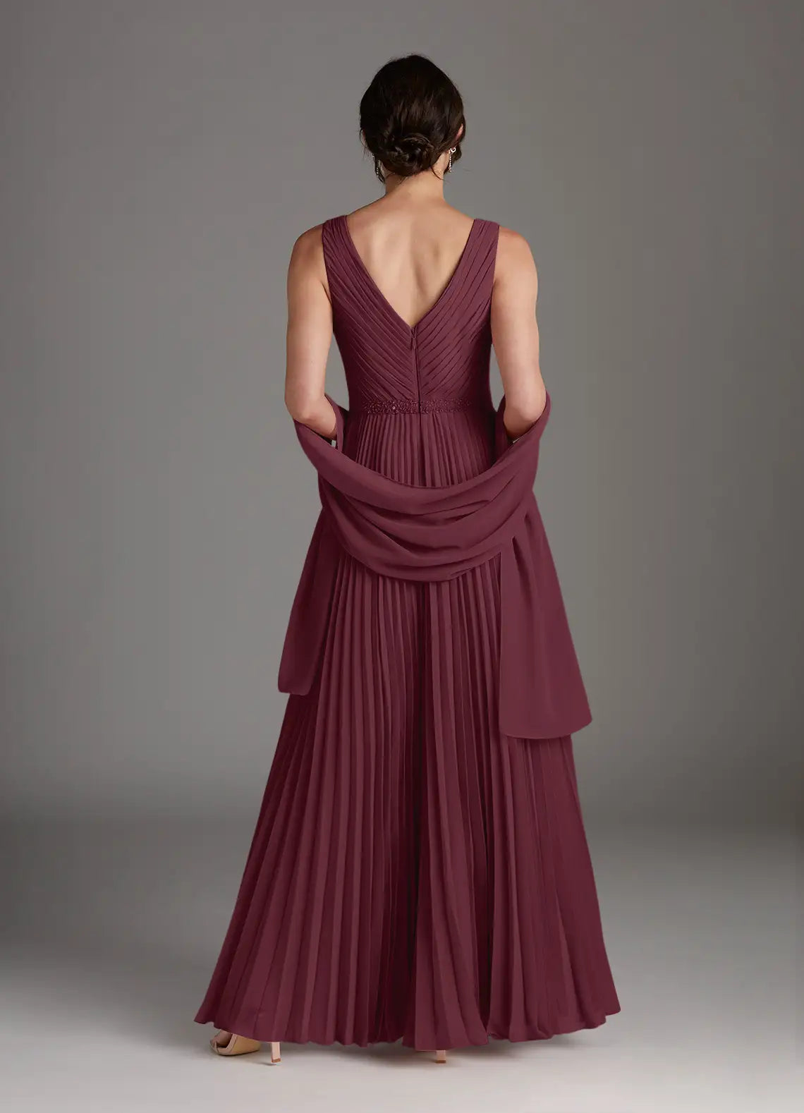 Cabernet A-Line Mother of the Bride Dresses Sequins with Sleeveless V - Neck Pleated Skirt and Matching Shawl