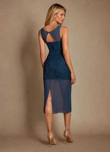 Elegant Teal Chiffon Scoop Neck Sleeveless Midi Mother of the Bride Dress