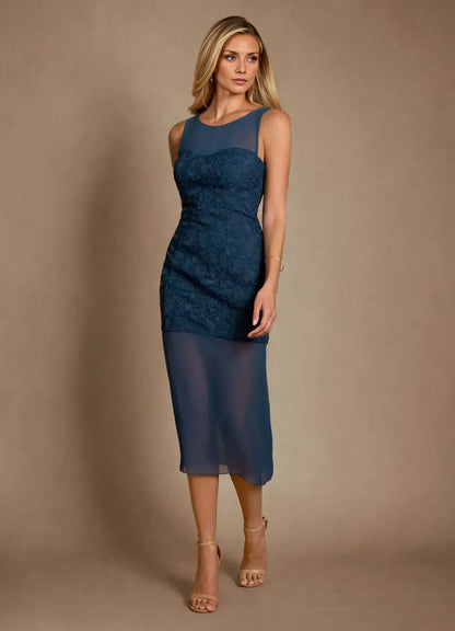 Elegant Teal Chiffon Scoop Neck Sleeveless Midi Mother of the Bride Dress