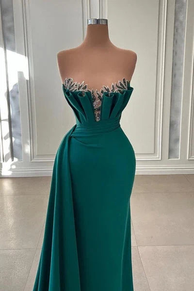 Green Dark Long Prom Dress Evening Gowns Strapless Mermaid