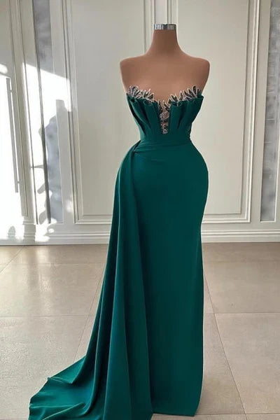 Green Dark Long Prom Dress Evening Gowns Strapless Mermaid
