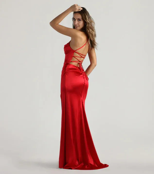 Refined Beautiful Timeless Special Occasion Elegant Red Lace Cowl Sleeveless Prom Dress