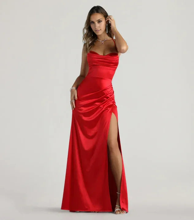 Refined Beautiful Timeless Special Occasion Elegant Red Lace Cowl Sleeveless Prom Dress