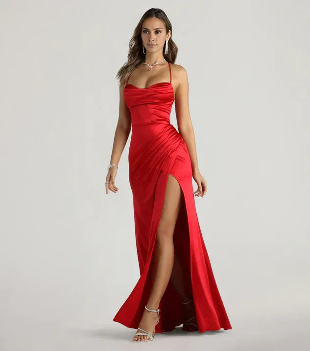 Refined Beautiful Timeless Special Occasion Elegant Red Lace Cowl Sleeveless Prom Dress
