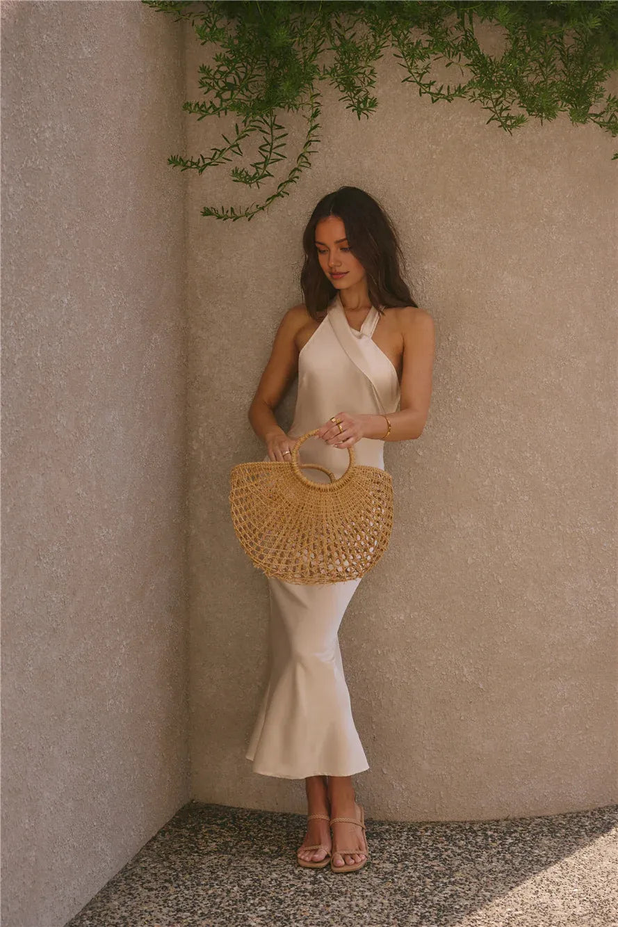 Special Occasion Sophisticated Elegant Ivory Satin Mermaid High Neck Sleeveless Prom Dress