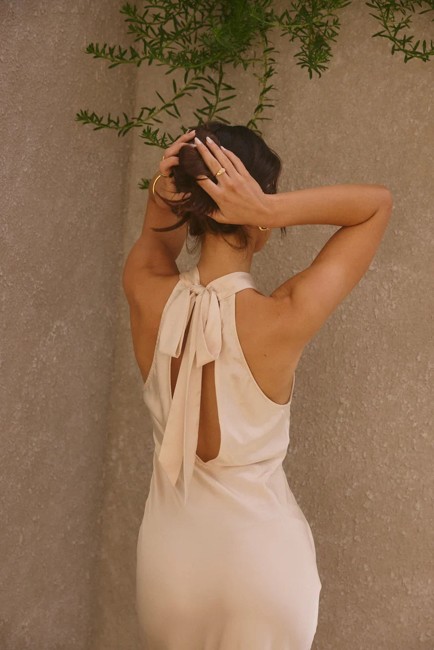 Special Occasion Sophisticated Elegant Ivory Satin Mermaid High Neck Sleeveless Prom Dress