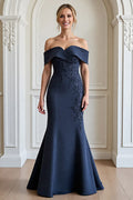 Graceful Elegant Navy Blue Lace Mermaid Floor-Length Mother of the Bride Dress