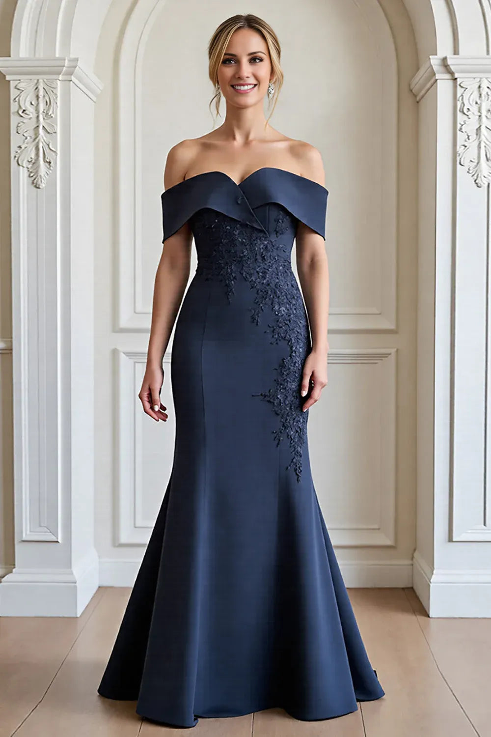 Graceful Elegant Navy Blue Lace Mermaid Floor-Length Mother of the Bride Dress
