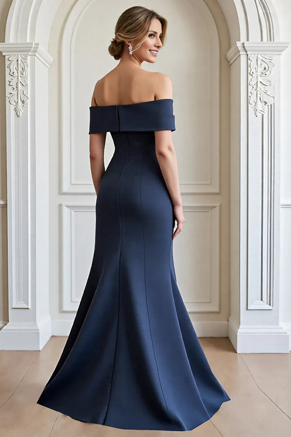 Graceful Elegant Navy Blue Lace Mermaid Floor-Length Mother of the Bride Dress
