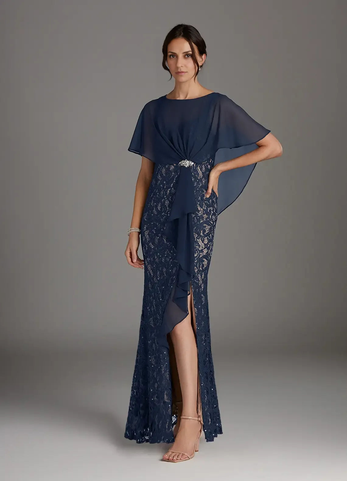 Beautiful Elegant Navy Blue Chiffon Sheath Floor-Length Mother of the Bride Dress
