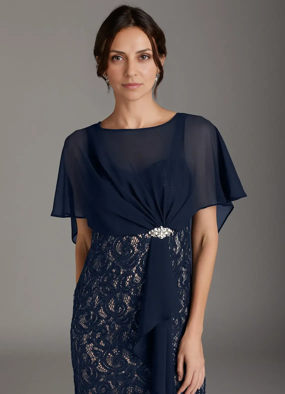 Beautiful Elegant Navy Blue Chiffon Sheath Floor-Length Mother of the Bride Dress