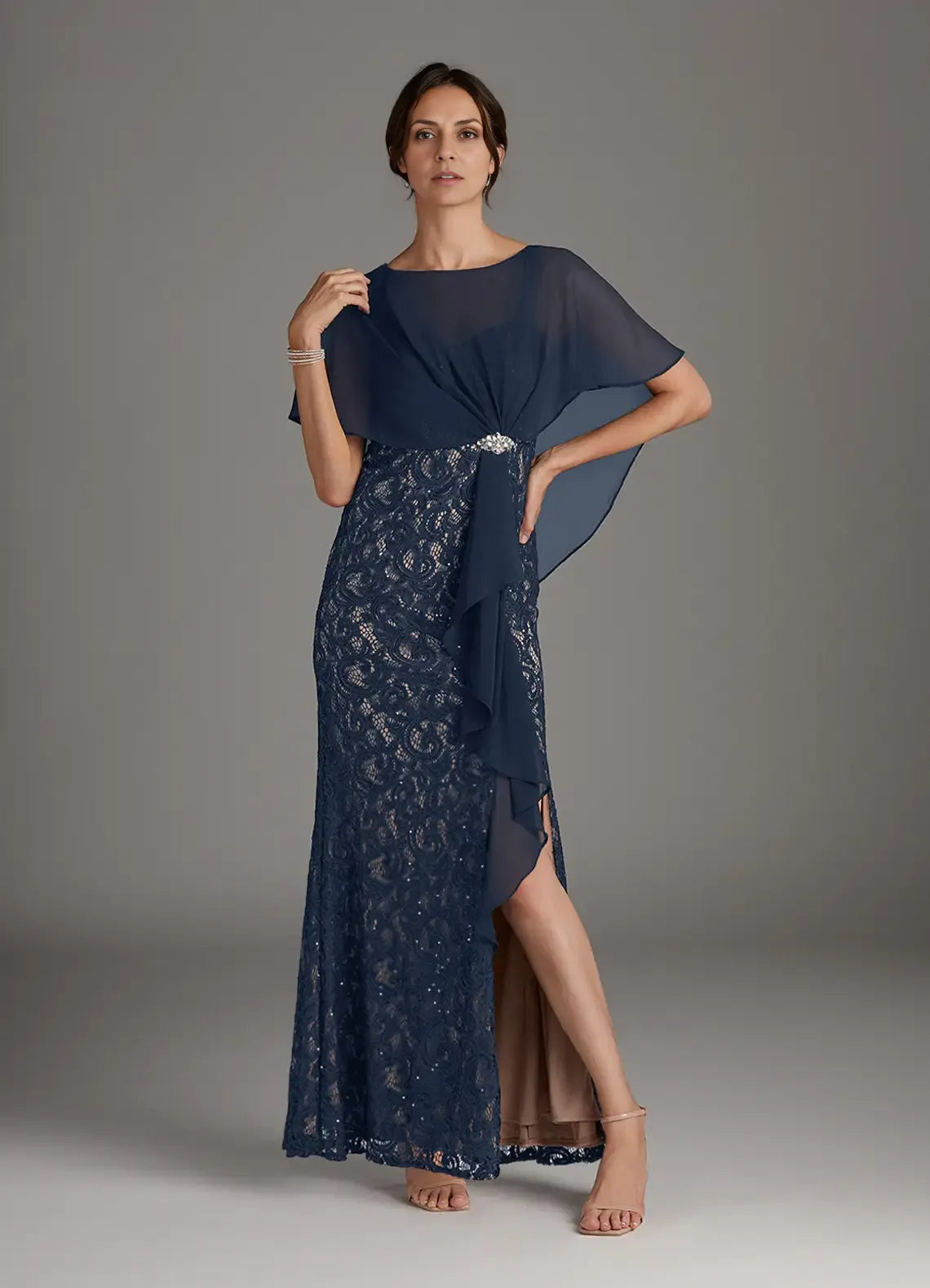 Beautiful Elegant Navy Blue Chiffon Sheath Floor-Length Mother of the Bride Dress