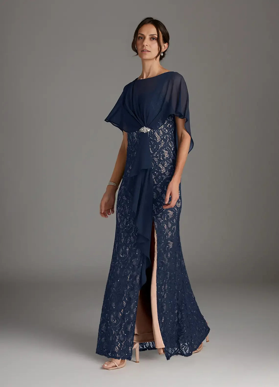Beautiful Elegant Navy Blue Chiffon Sheath Floor-Length Mother of the Bride Dress