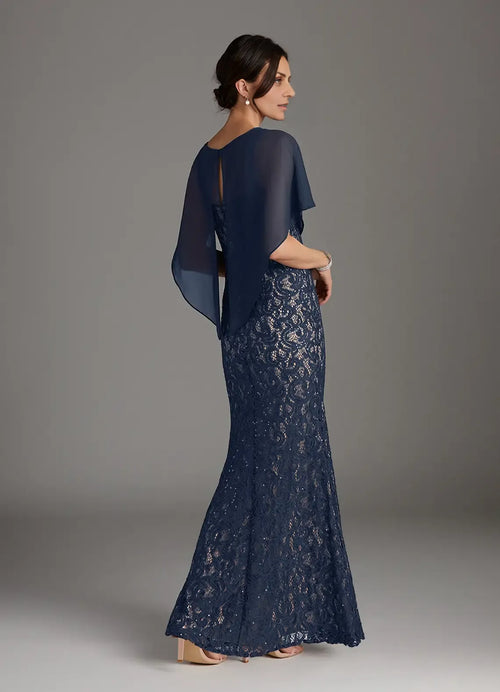 Beautiful Elegant Navy Blue Chiffon Sheath Floor-Length Mother of the Bride Dress