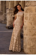 Elegant Champagne Lace Sheath Scoop Neck Short Sleeve Floor-Length Mother of the Bride Dress
