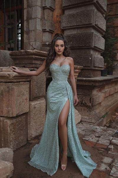 Shining Crystal Sweetheart Sleeveless Prom Dresses With Split A Line Evening Gowns