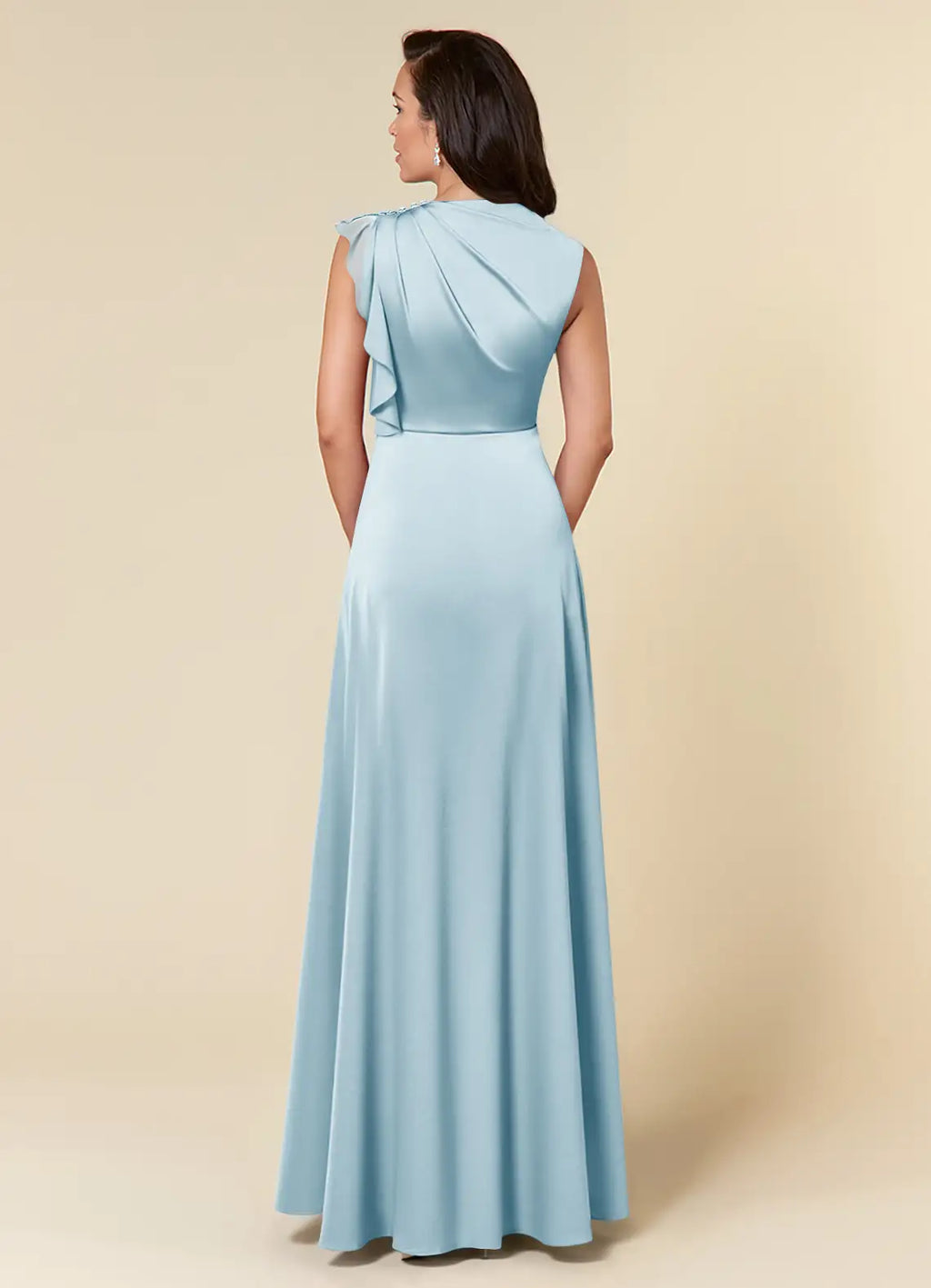 Sky Blue A-Line High Neckline Pleated Mother of the Bride Dresses with One Shoulder Design Cascading Ruffled Accents