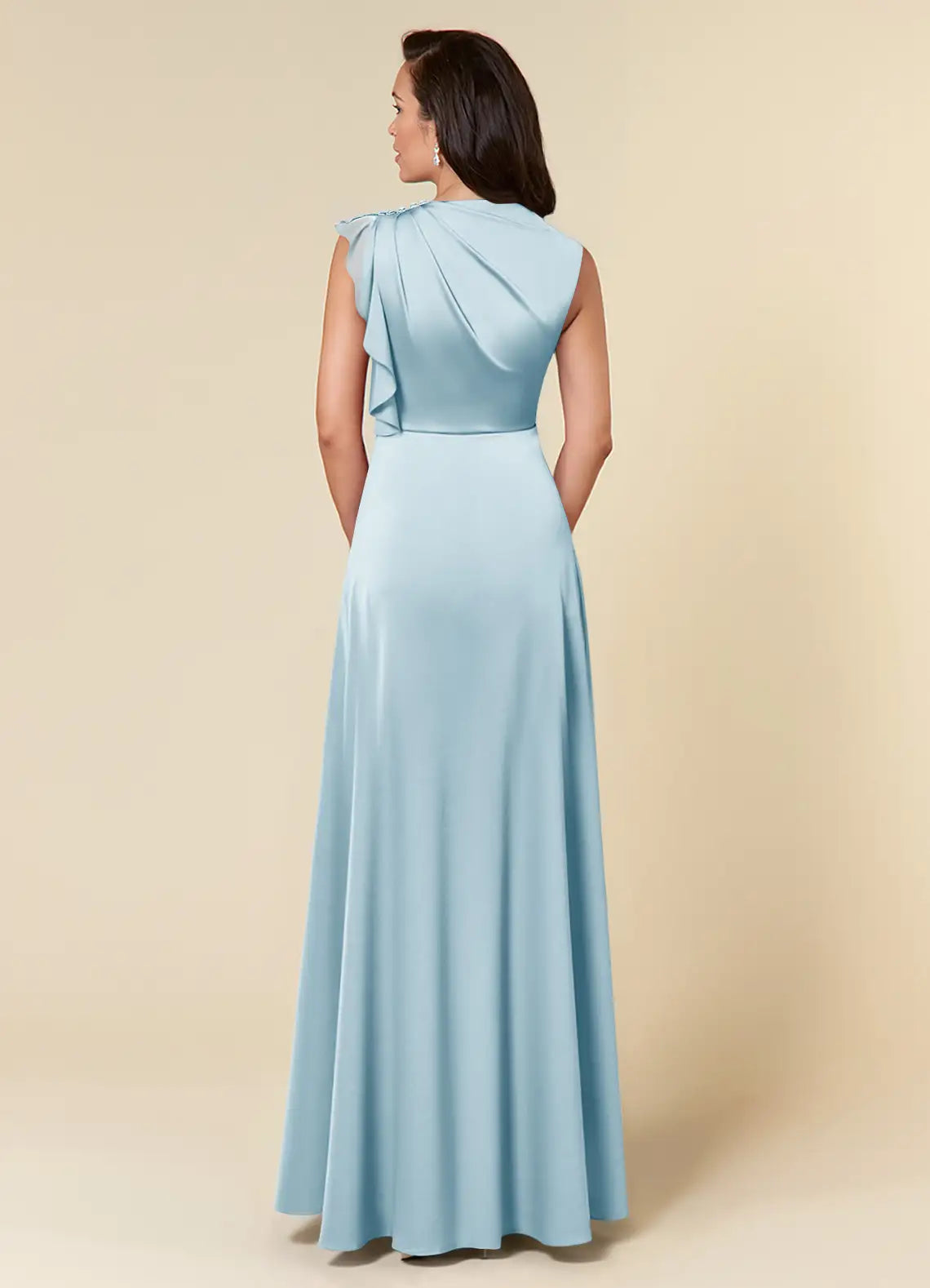 Sky Blue A-Line High Neckline Pleated Mother of the Bride Dresses with One Shoulder Design Cascading Ruffled Accents