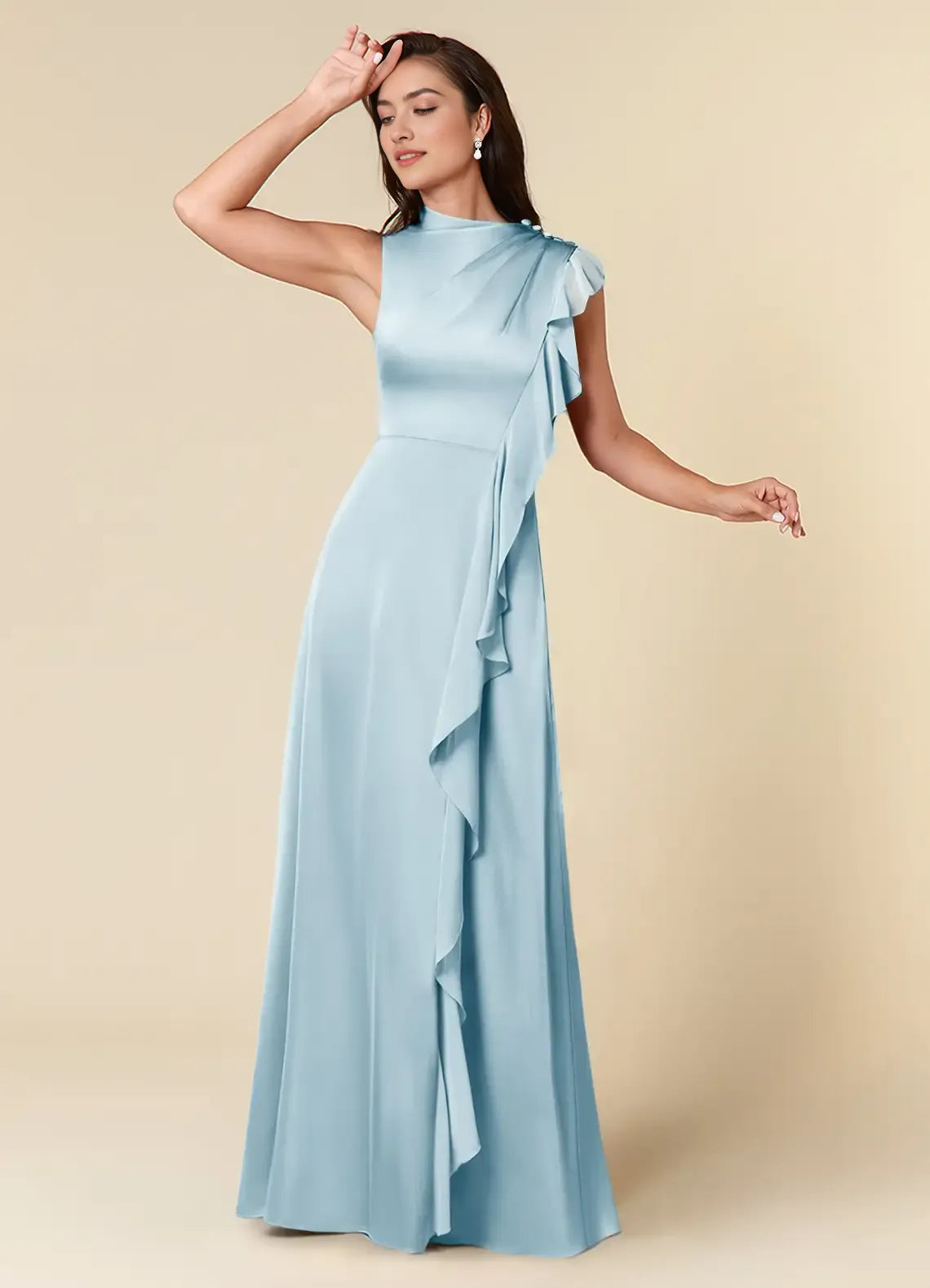 Sky Blue A-Line High Neckline Pleated Mother of the Bride Dresses with One Shoulder Design Cascading Ruffled Accents