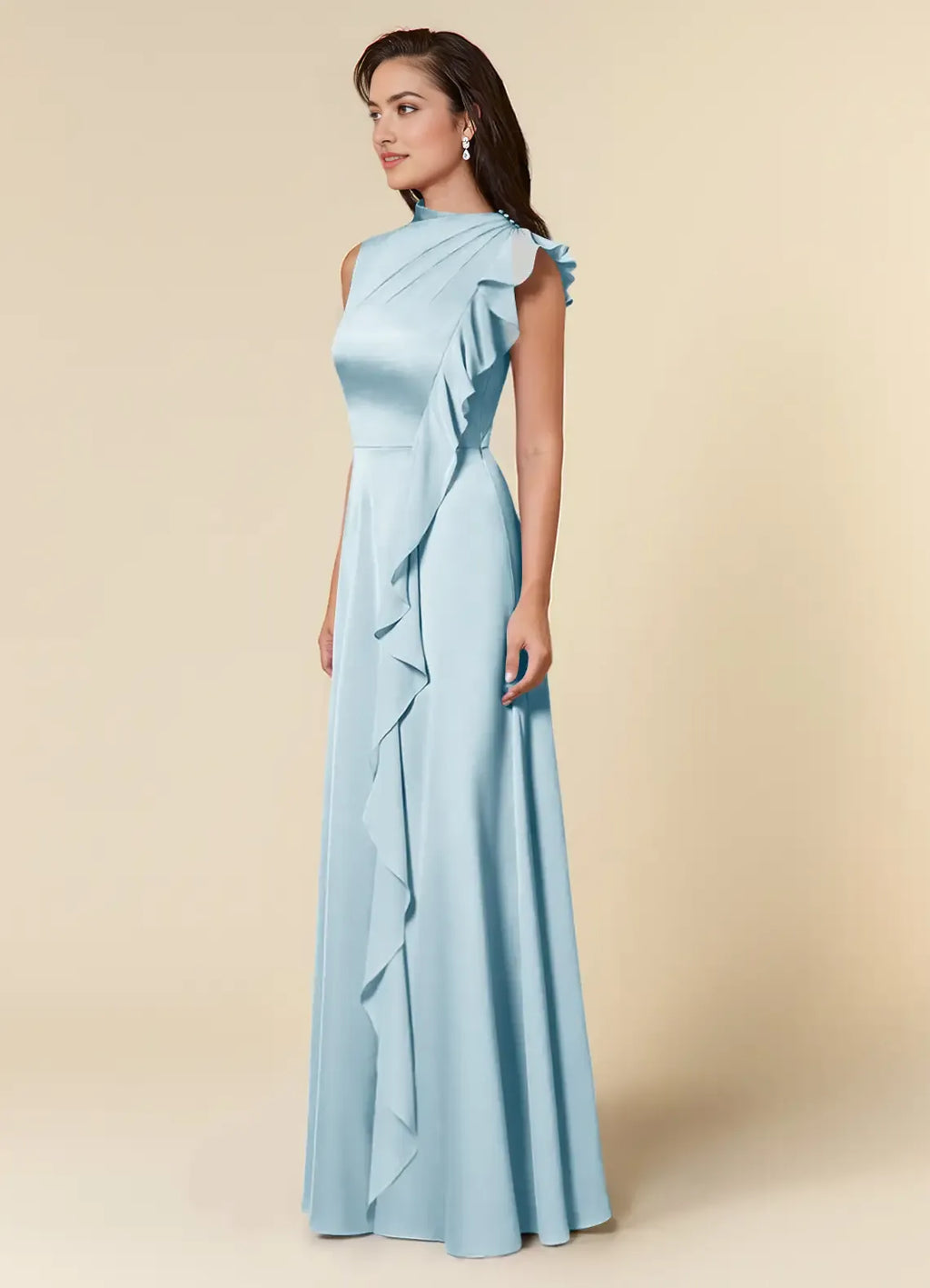 Sky Blue A-Line High Neckline Pleated Mother of the Bride Dresses with One Shoulder Design Cascading Ruffled Accents