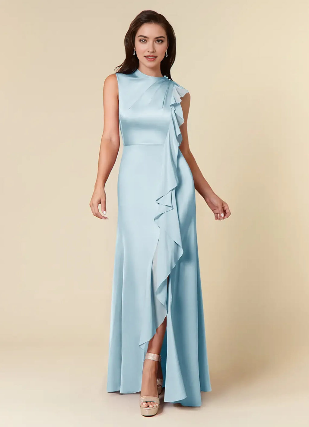 Sky Blue A-Line High Neckline Pleated Mother of the Bride Dresses with One Shoulder Design Cascading Ruffled Accents