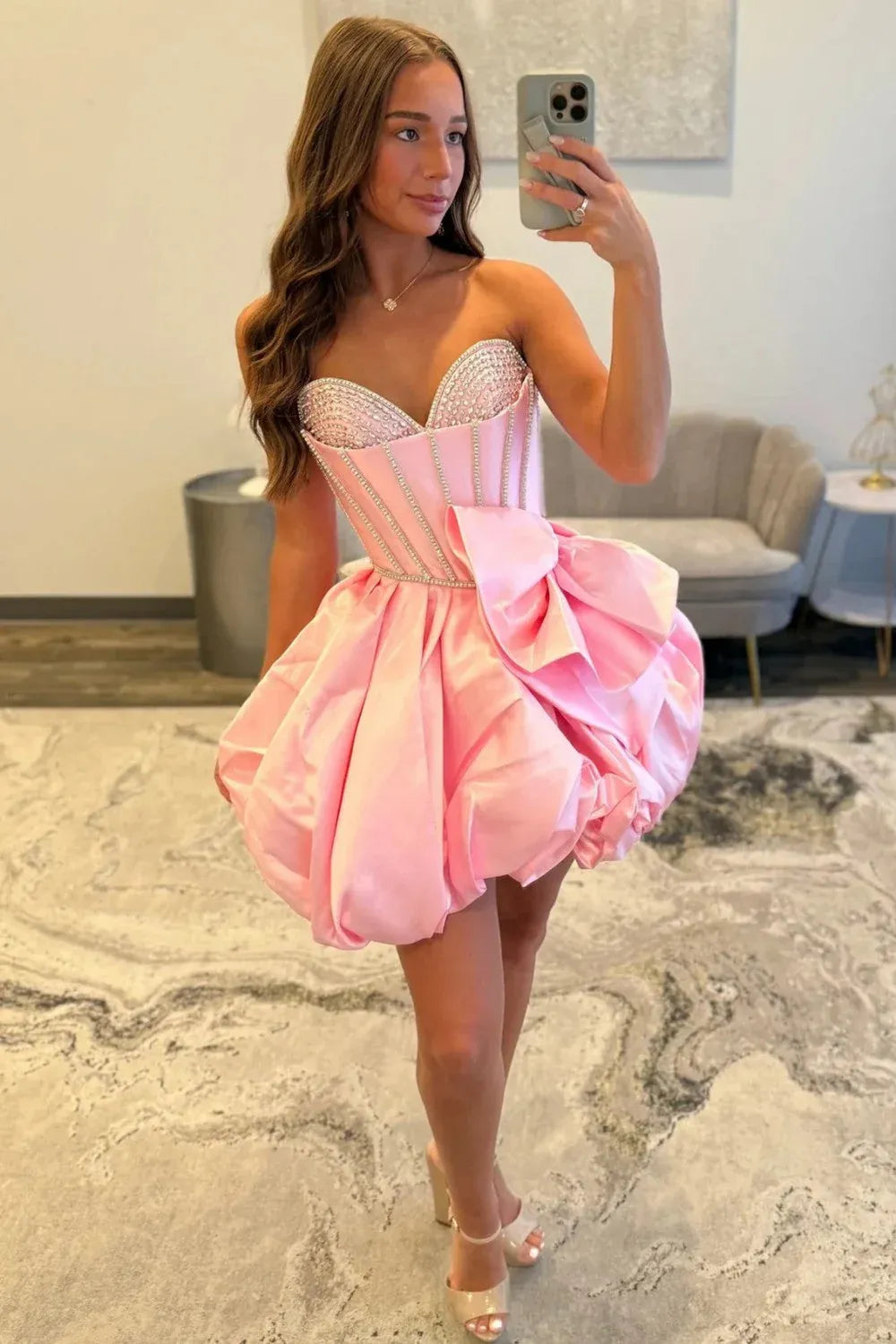 Pink Sweetheart Corset Rhinestone Bow Short Homecoming Dress With Bubble Hem