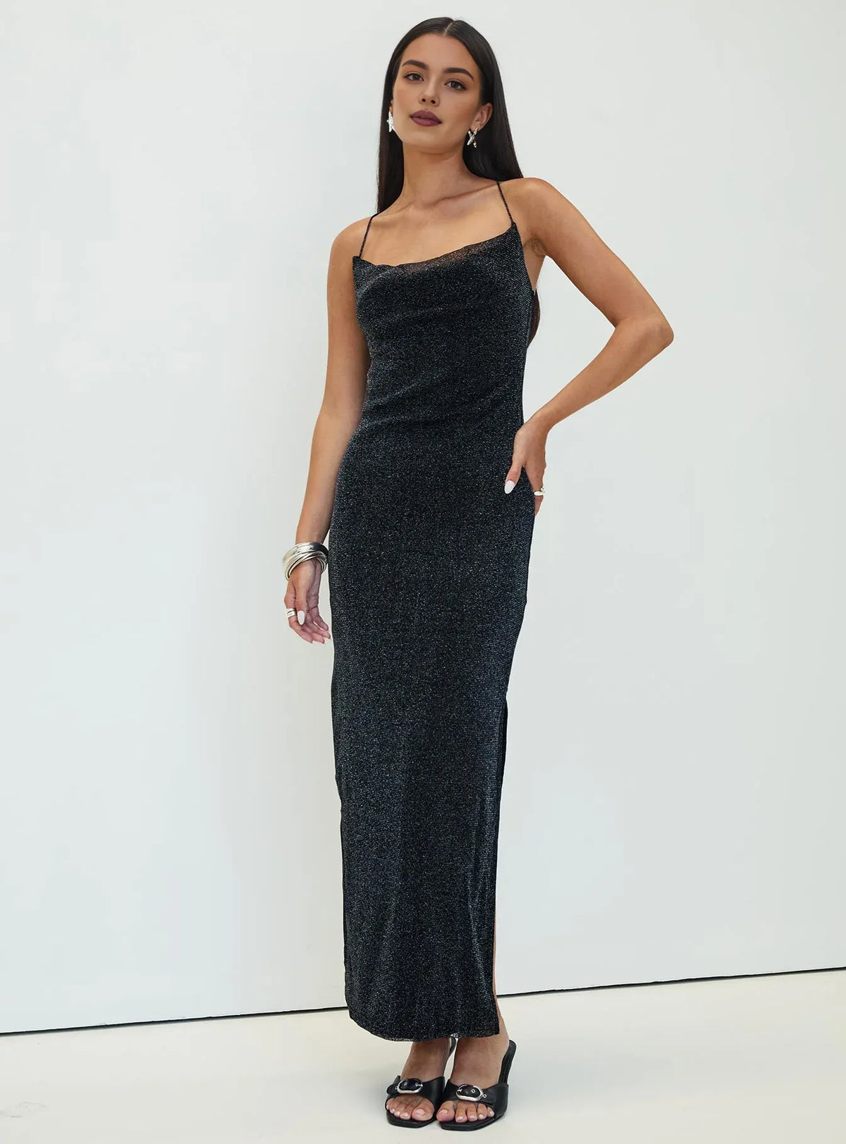 Timeless Special Occasion Sophisticated Graceful Elegant Black Glitter Cowl Backless Prom Dress