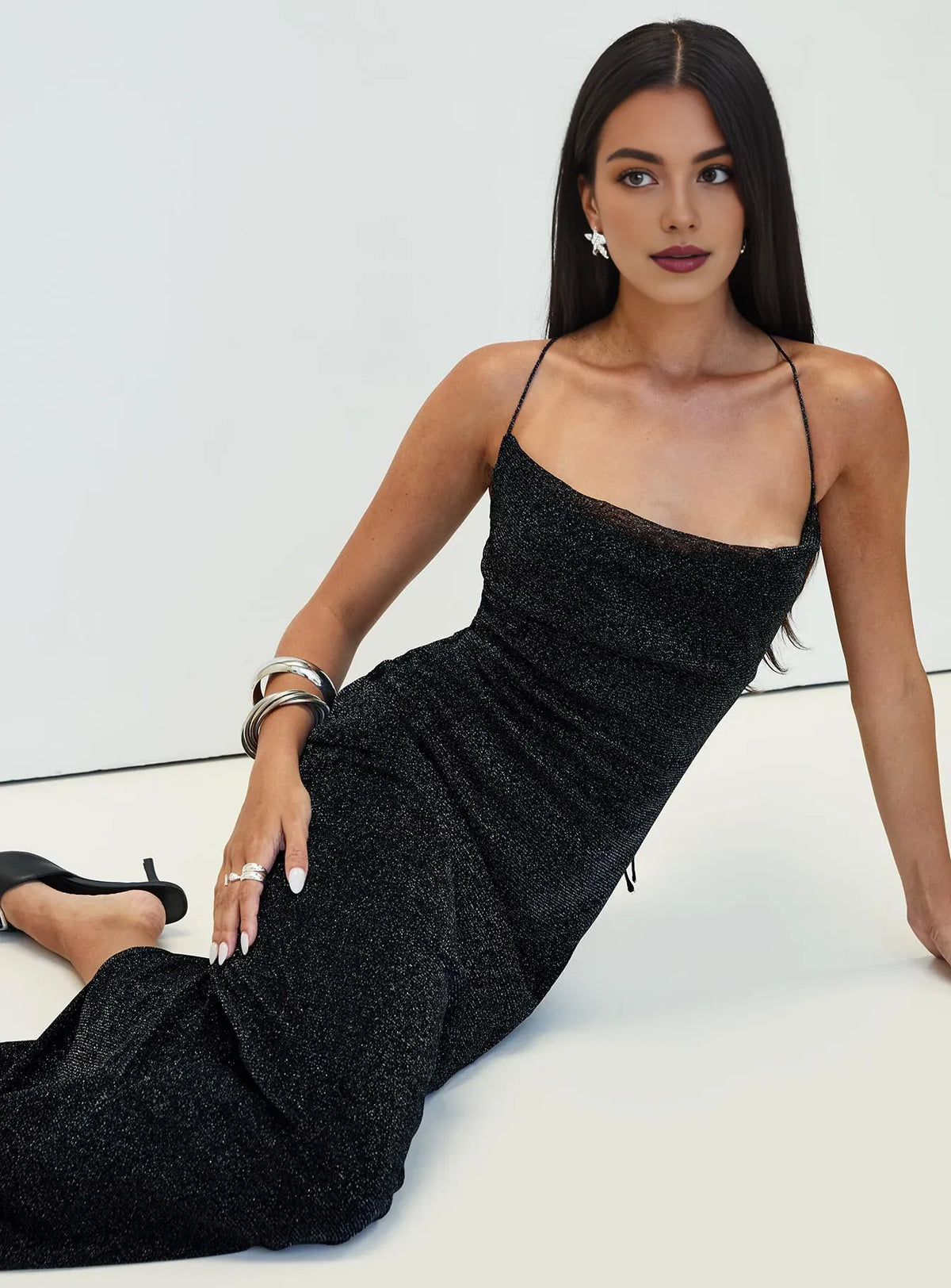 Timeless Special Occasion Sophisticated Graceful Elegant Black Glitter Cowl Backless Prom Dress