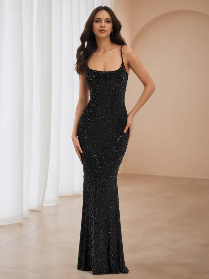 Black Mermaid Prom Dress Spaghetti Straps Cowl Neckline for a Sparkling Gala Entrance
