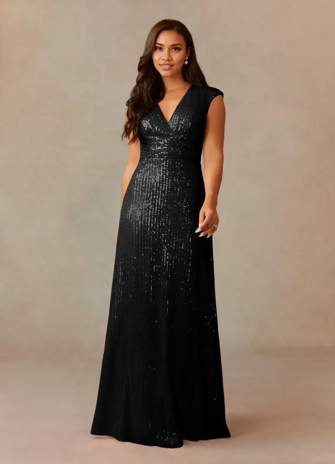 Refined Elegant Champagne Sequins A-Line V-Neck Ruffle Mother of the Bride Dress