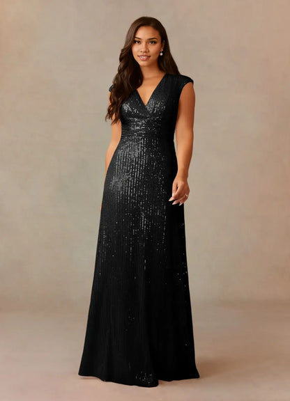 Refined Elegant Champagne Sequins A-Line V-Neck Ruffle Mother of the Bride Dress