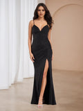 Black Glitter Spaghetti Strap Prom Dress with Deep V Neck High Slit Sparkling Evening Gown for Formal Dances