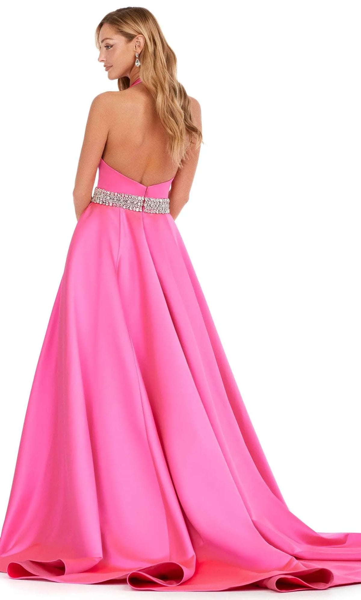 Black Halter - Neck Evening Gown with Plunging V - Neck Crystal Waistband and Flowy Ball Gown Skirt for Formal Occasions