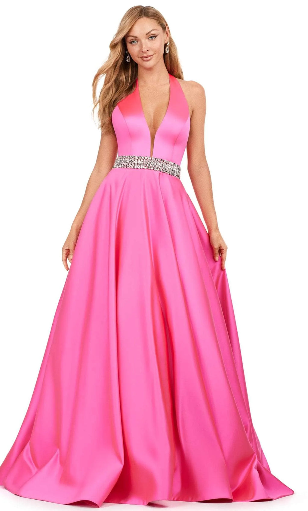 Black Halter - Neck Evening Gown with Plunging V - Neck Crystal Waistband and Flowy Ball Gown Skirt for Formal Occasions