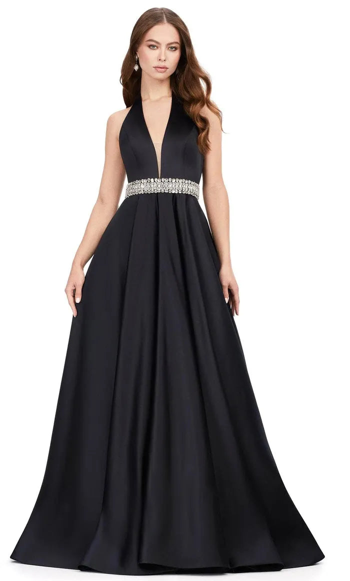 Black Halter - Neck Evening Gown with Plunging V - Neck Crystal Waistband and Flowy Ball Gown Skirt for Formal Occasions