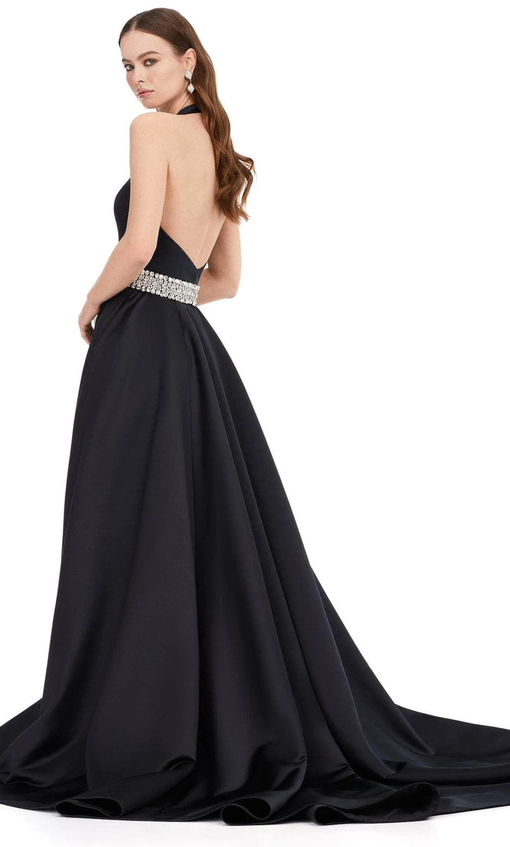 Black Halter - Neck Evening Gown with Plunging V - Neck Crystal Waistband and Flowy Ball Gown Skirt for Formal Occasions