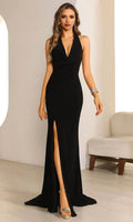Black Halter Neck Mermaid Prom Dress with Deep V Neckline and High Side Slit Perfect for Formal Evening Galas