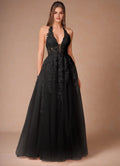 Black Halter Neck Prom Dress with Deep V - Neckline Intricate Appliqués and Flowy Skirt for Formal Galas