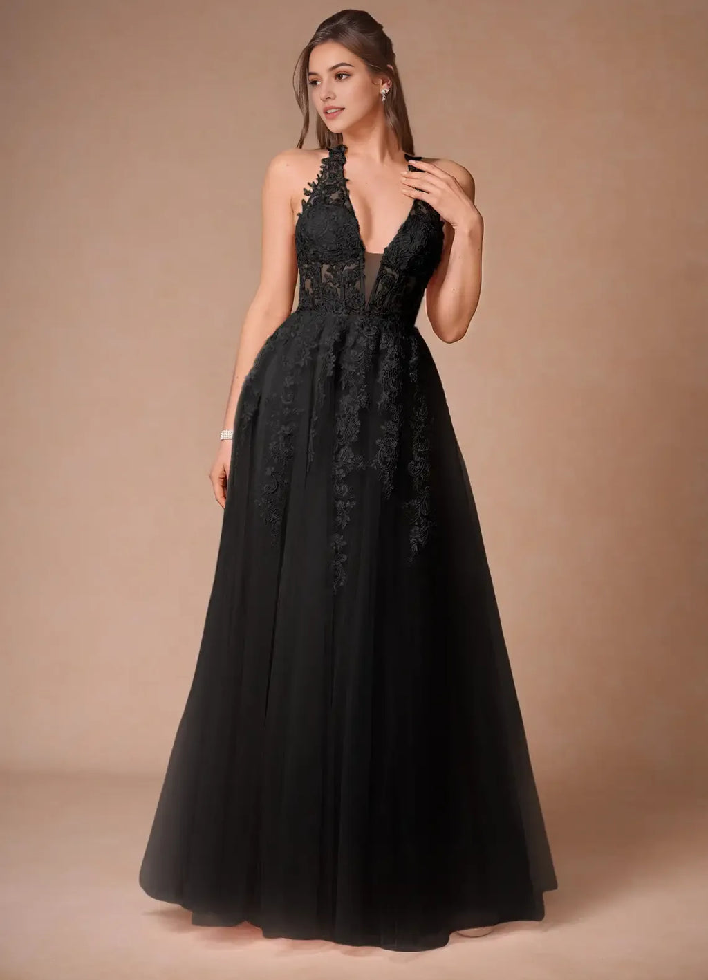 Black Halter Neck Prom Dress with Deep V - Neckline Intricate Appliqués and Flowy Skirt for Formal Galas