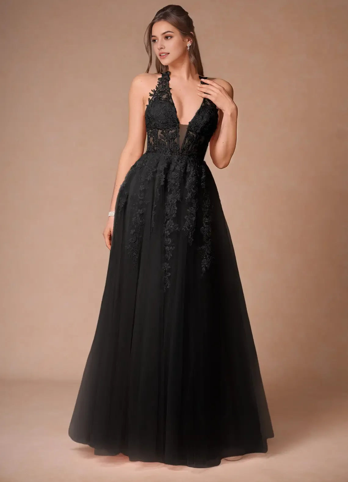 Black Halter Neck Prom Dress with Deep V - Neckline Intricate Appliqués and Flowy Skirt for Formal Galas