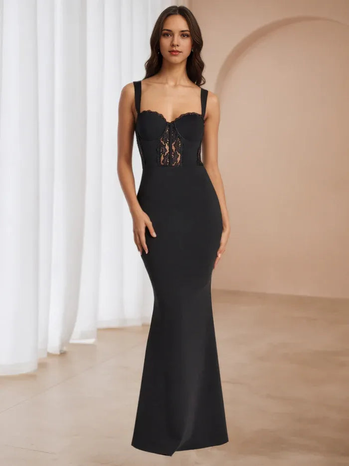 Black - Inset Mermaid Prom Dress Square Neckline Corset - Style Bodice for Timeless Elegance