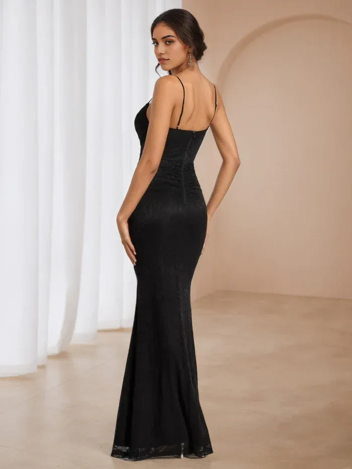 Black Mermaid Prom Dress Spaghetti Straps Ruched Bodice for Glamorous