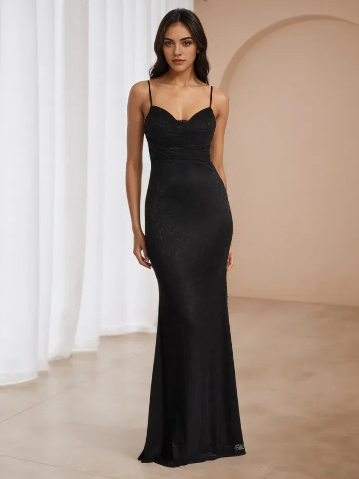 Black Mermaid Prom Dress Spaghetti Straps Ruched Bodice for Glamorous