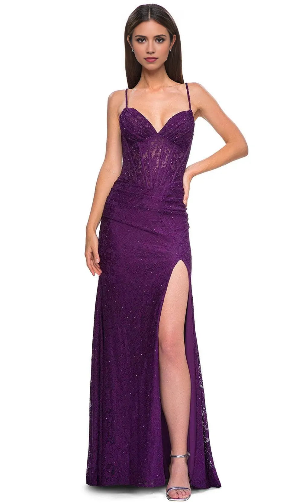 Black Prom Gown with Spaghetti Strap Corset Bodice and High Side Slit Ideal for Formal Balls Galas