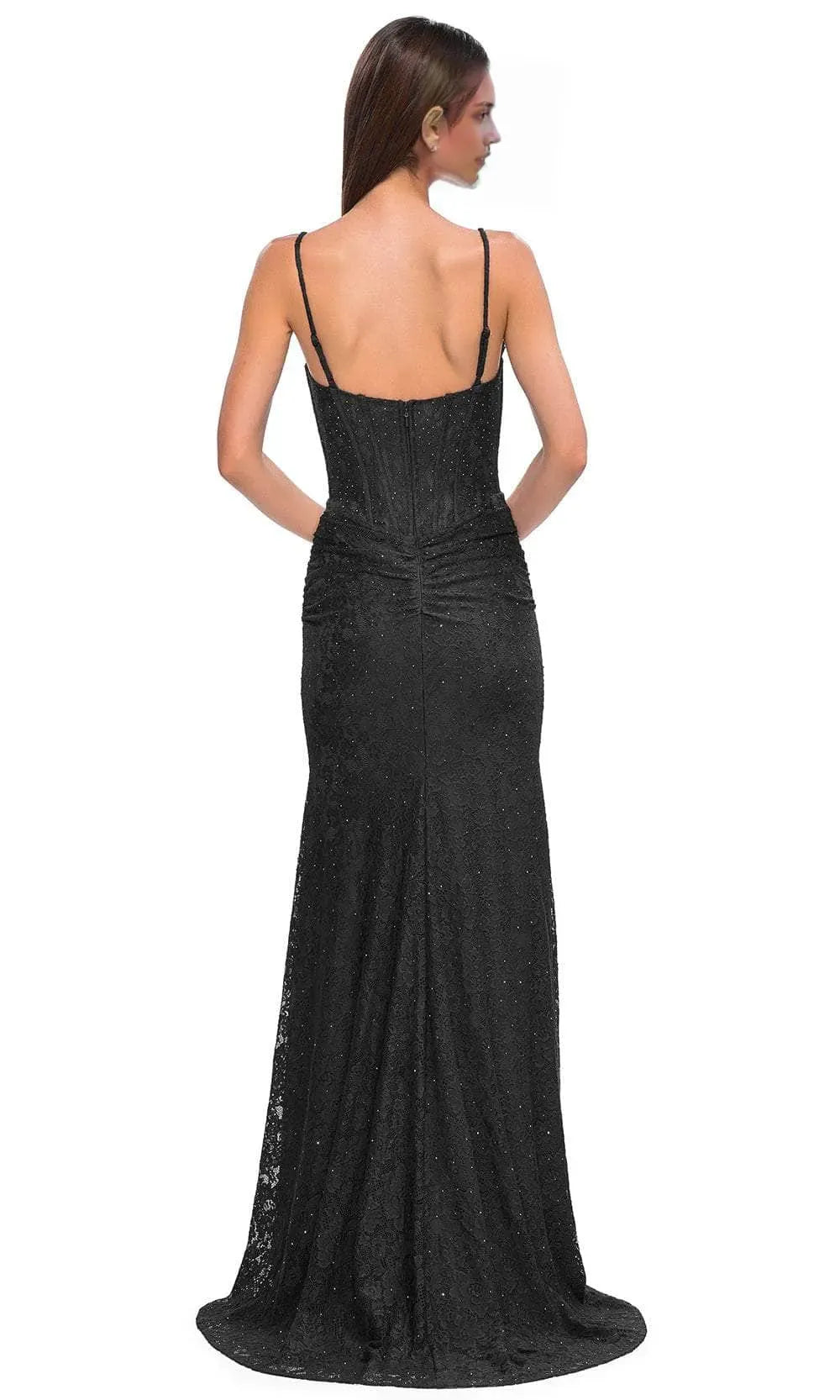 Black Prom Gown with Spaghetti Strap Corset Bodice and High Side Slit Ideal for Formal Balls Galas