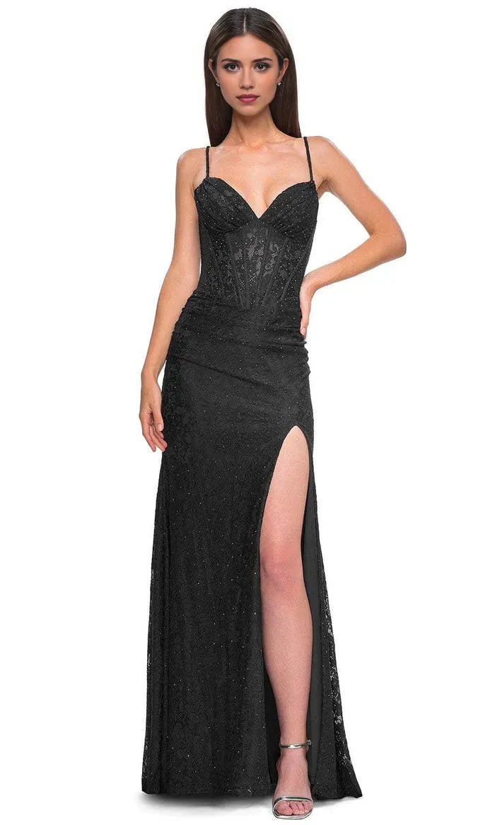Black Prom Gown with Spaghetti Strap Corset Bodice and High Side Slit Ideal for Formal Balls Galas