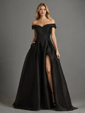 Black Long Prom Dresses Elegant A Line Off The Shoulder Long Prom Dress With Slit